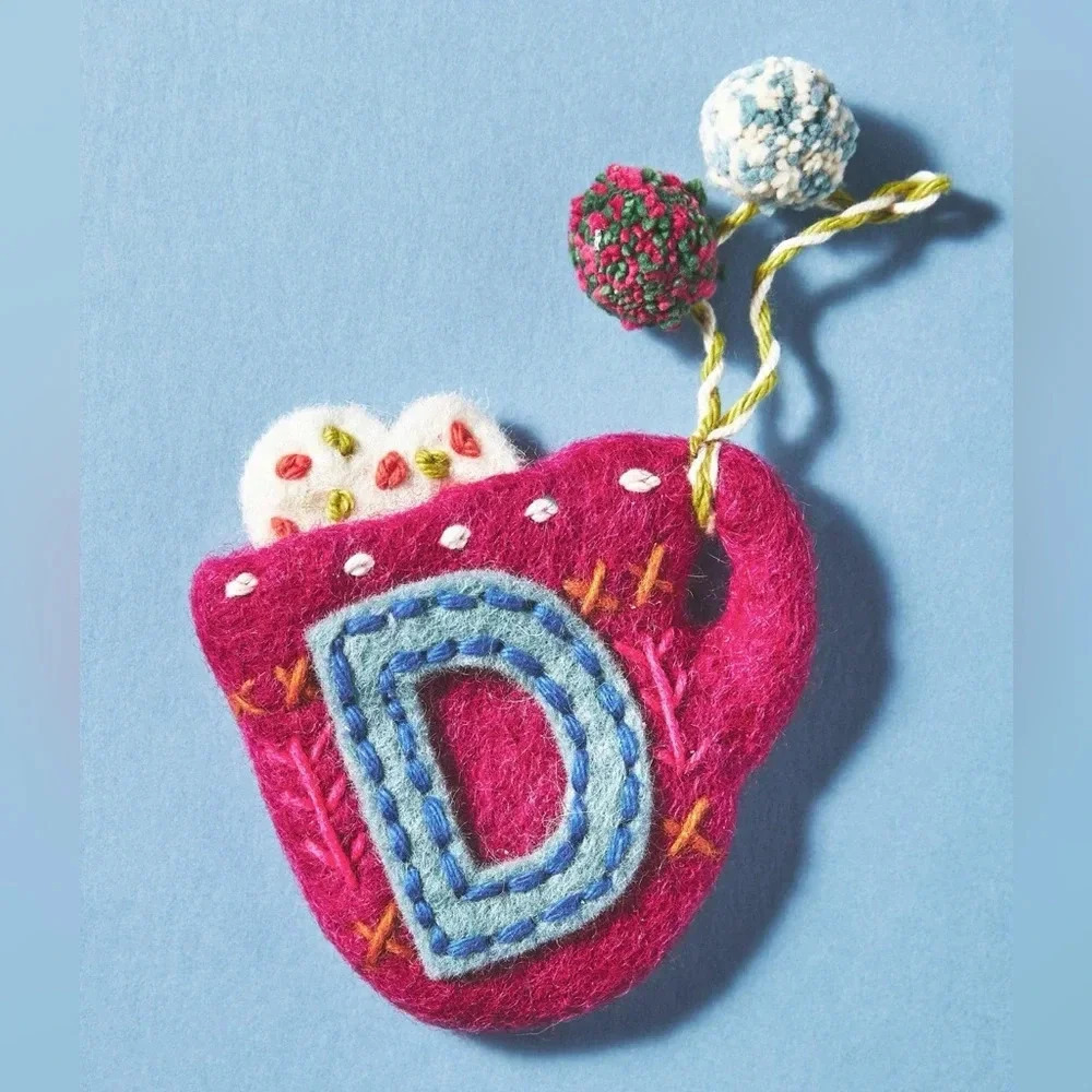 Anthropologie D wool Snow Day Monogram Ornament gift christmas holiday pompom